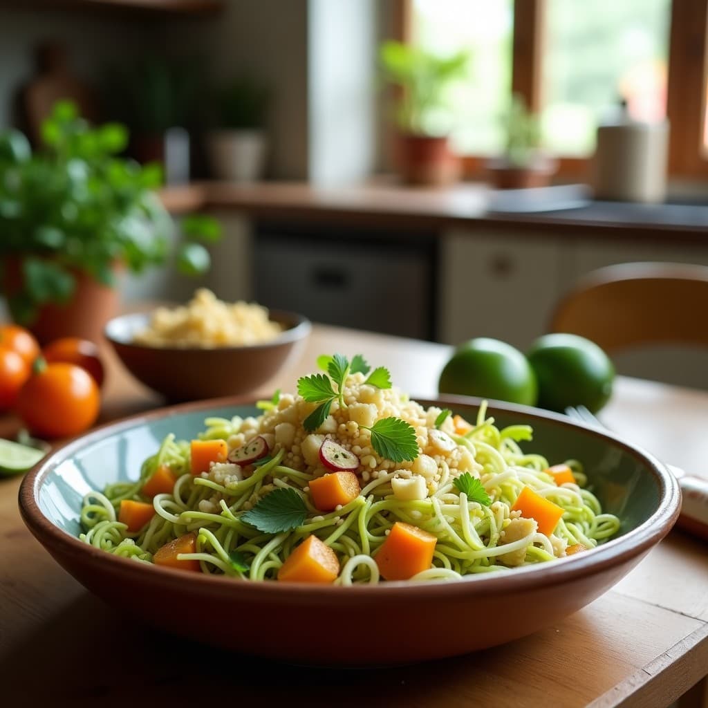 Ensalada vibrante de brote de trigo fresco con hojas verdes de maven, trozos de granadilla amarilla, cebolla morada en juliana y semillas de sésamo tostadas, servida en un plato blanco con aderezo dorado. Receta peruana alta en fibra y antioxidantes.