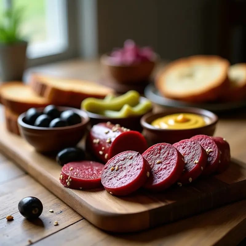 Tabla de madera rústica con salchichas veganas de lentejas Beluga y remolacha cortadas en rodajas, pan de centeno tostado, pepinillos, aceitunas y mostaza de Dijon, presentada como Brotzeitbrett alemana.