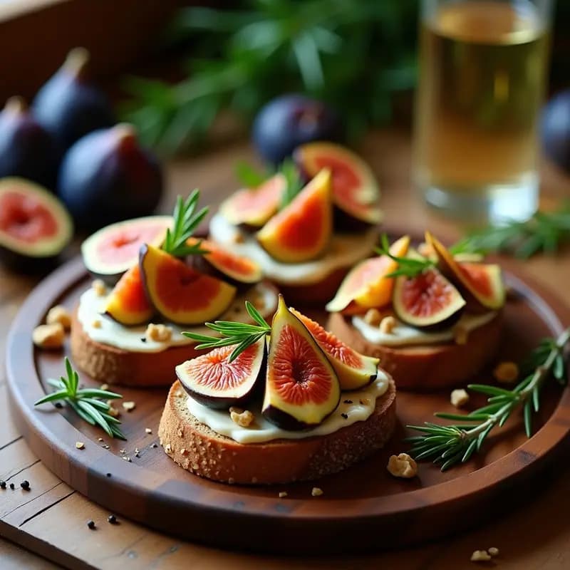 Brouchetta de pan de centeno tostado con semillas de amapola, queso de cabra cremoso, higos asados caramelizados, nueces picadas y glaseado de miel de romero, aperitivo francés elegante y rápido.