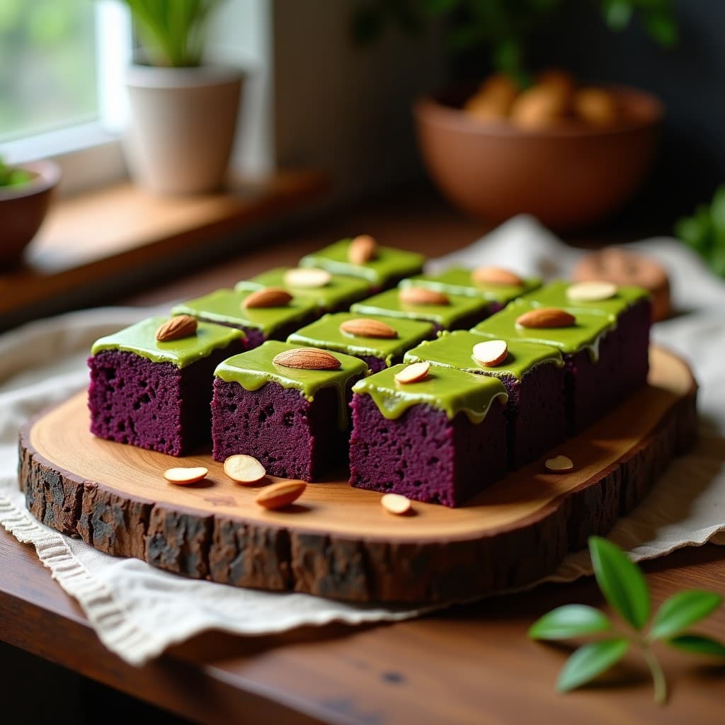 Brownie keto de batata morada con glaseado verde matcha y almendras tostadas, cortado en cuadrados sobre una tabla de madera oscura con fondo borroso.