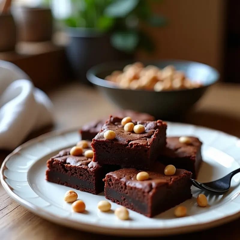 Brownie de frijol negro y avellanas keto cortado en cuadrados, con textura húmeda y chips de chocolate negro derritiéndose por encima, servido en un plato blanco sobre fondo rústico de madera.