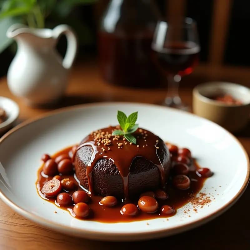 Brownie de frijol negro y avellanas en molde cuadrado, con superficie brillante y avellanas tostadas picadas en la parte superior. Textura húmeda y color chocolate oscuro intenso, servido sobre una tabla de madera rústica con una taza de café colombiano al lado.