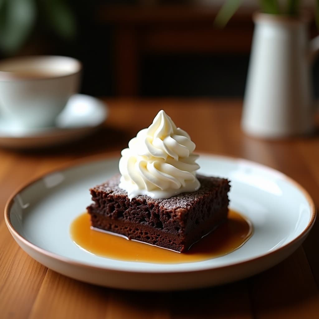 Brownie vegano y sin gluten de harina de altramuz con textura húmeda y trozos de nuez, servido en plato blanco con una bola de helado cremoso de yogur de coco y decorado con virutas de coco.