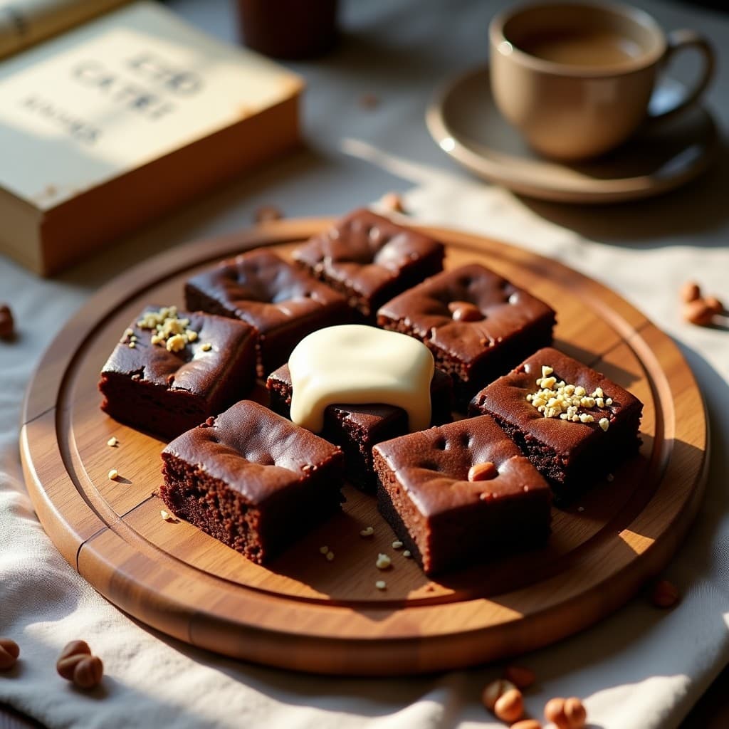 Brownie de harina de castaña y crema de avellanas sin gluten y sin azúcar, cortado en cuadrados perfectos, con textura húmeda y esponjosa, decorado con avellanas tostadas picadas y un hilo de crema de avellanas por encima. Plato de cerámica blanca sobre fondo rústico de madera.