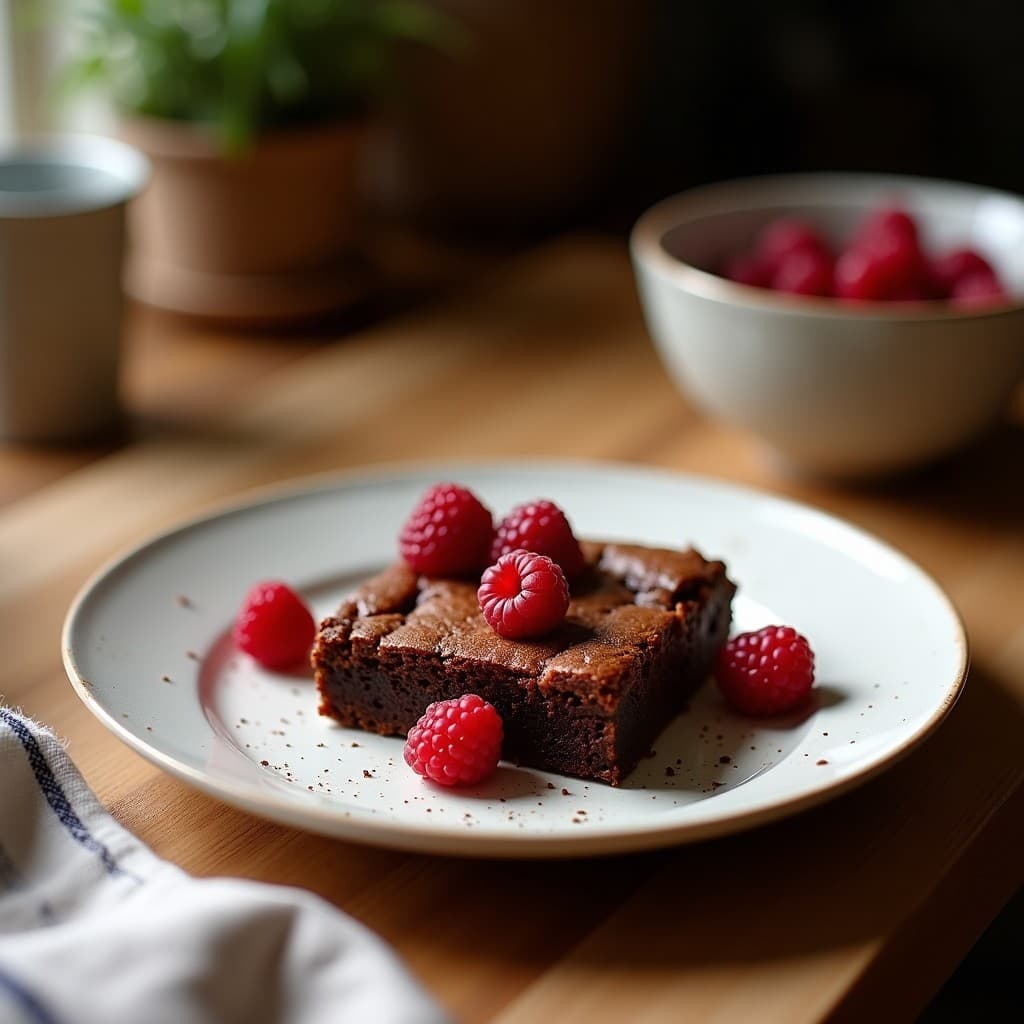 Brownie de harina de castaña y frambuesas keto francés: cuadrados oscuros y húmedos con trozos de frambuesas frescas y nueces de pecana tostadas en la superficie, servidos en un plato de porcelana blanca sobre un mantel de lino beige.