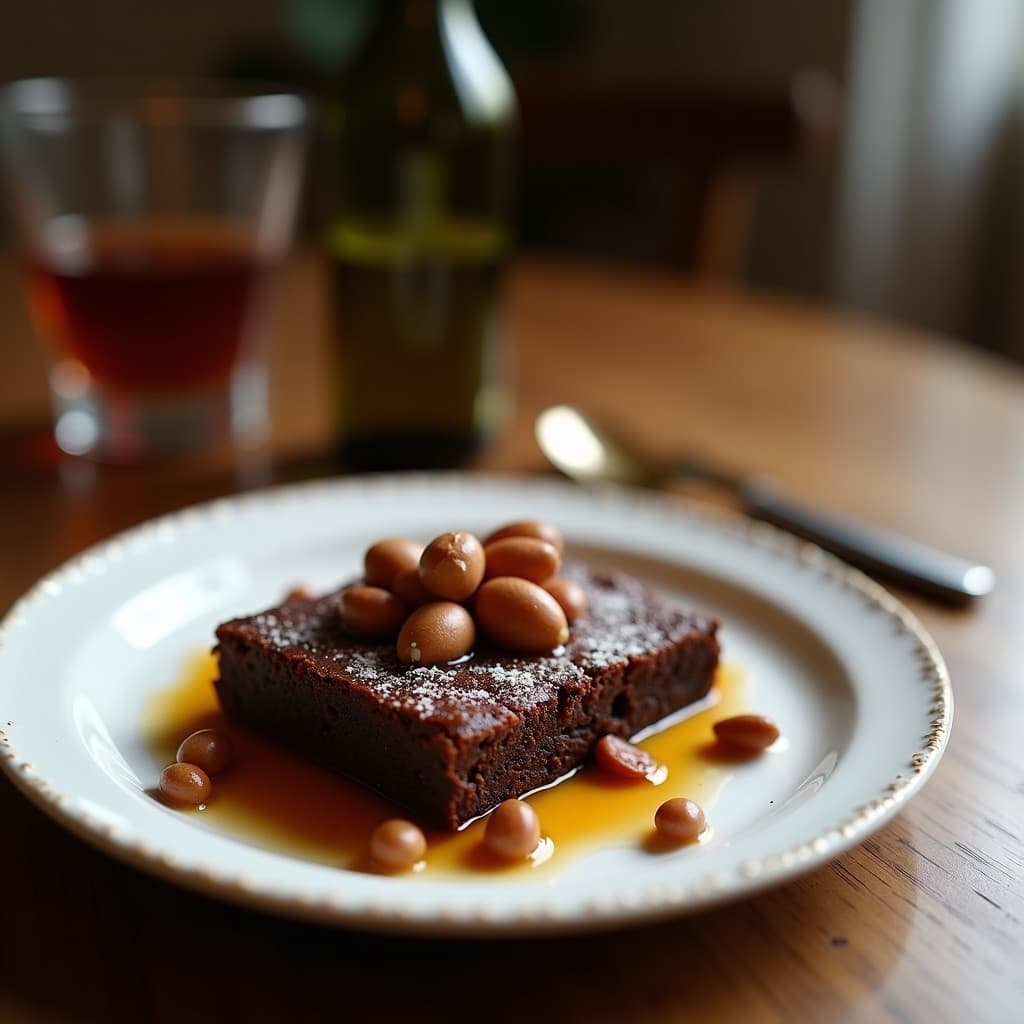 Brownie de harina de lentejas y nuez de pecan cortado en cuadrados, con textura húmeda y fudgy, decorado con trozos de nuez tostada y chips de chocolate negro sobre papel de horno rústico.