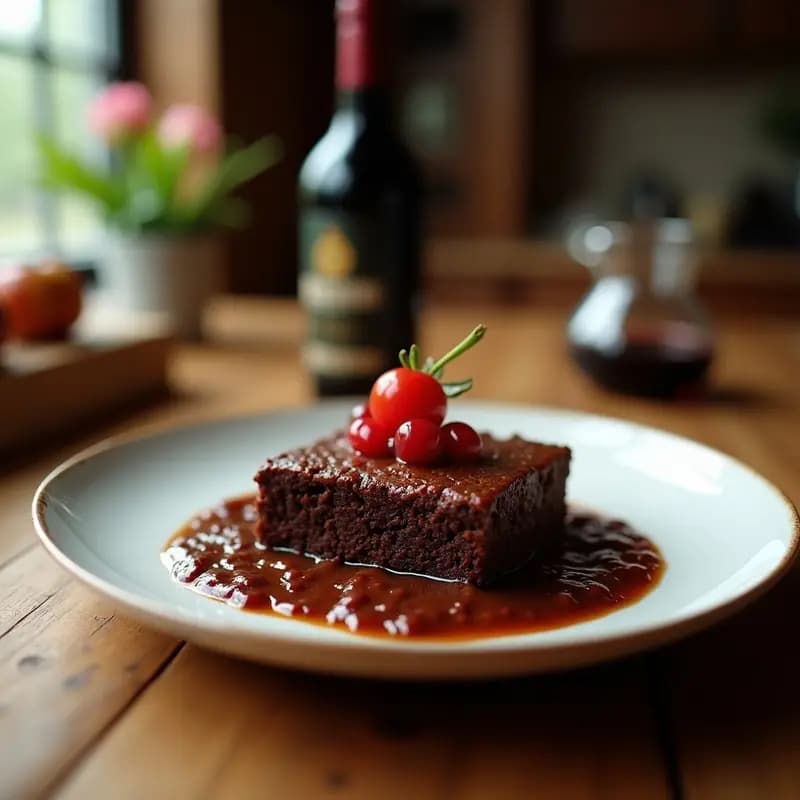 Brownie de lentejas negras y vino tinto cortado en cuadrados, con almendras fileteadas en la superficie, textura húmeda y color oscuro intenso, servido en plato rústico de cerámica con fondo de madera.