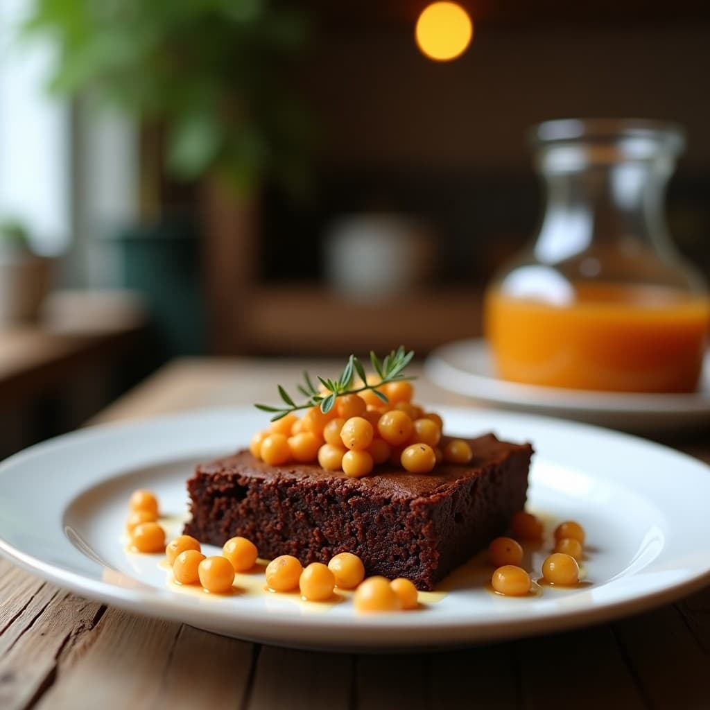 Brownie vegano de garbanzos cortado en cuadrados sobre tabla de madera, con textura húmeda y brillante, decorado con nueces picadas y virutas de chocolate negro.