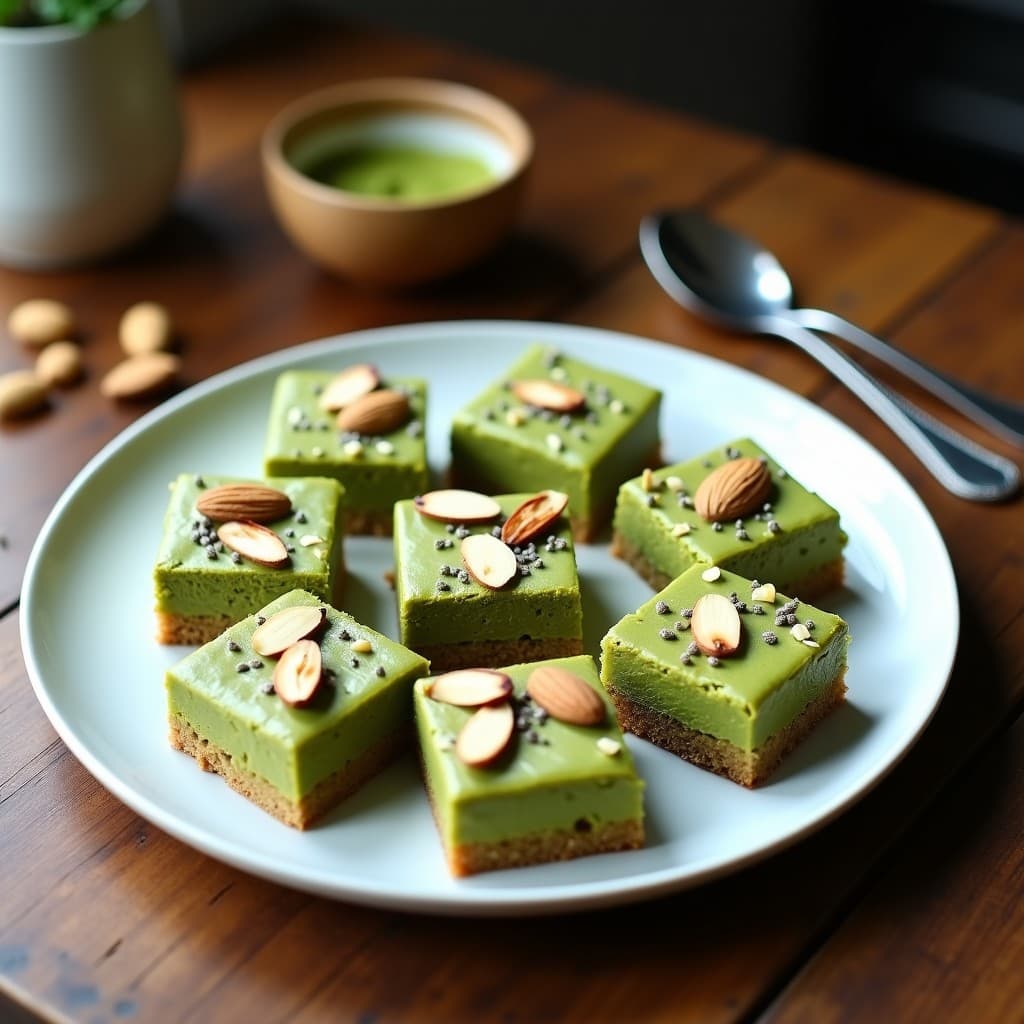 Brownies de alubias blancas y matcha cortados en cuadrados perfectos, con un color verde oscuro intenso y textura esponjosa. Decorados con almendras fileteadas tostadas y semillas de chía, servidos en un plato de cerámica blanca sobre fondo de madera rústica. Postre japonés ético sin azúcar y alto en fibra.