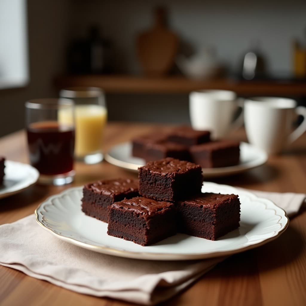 Brownies de alubias negras y cacao veganos, sin harina, cortados en cuadrados perfectos sobre una tabla de madera oscura. Textura densa y húmeda con chips de chocolate negro y nueces picadas en la superficie. Fondo borroso con cacao en polvo espolvoreado y hojas de menta para decoración.