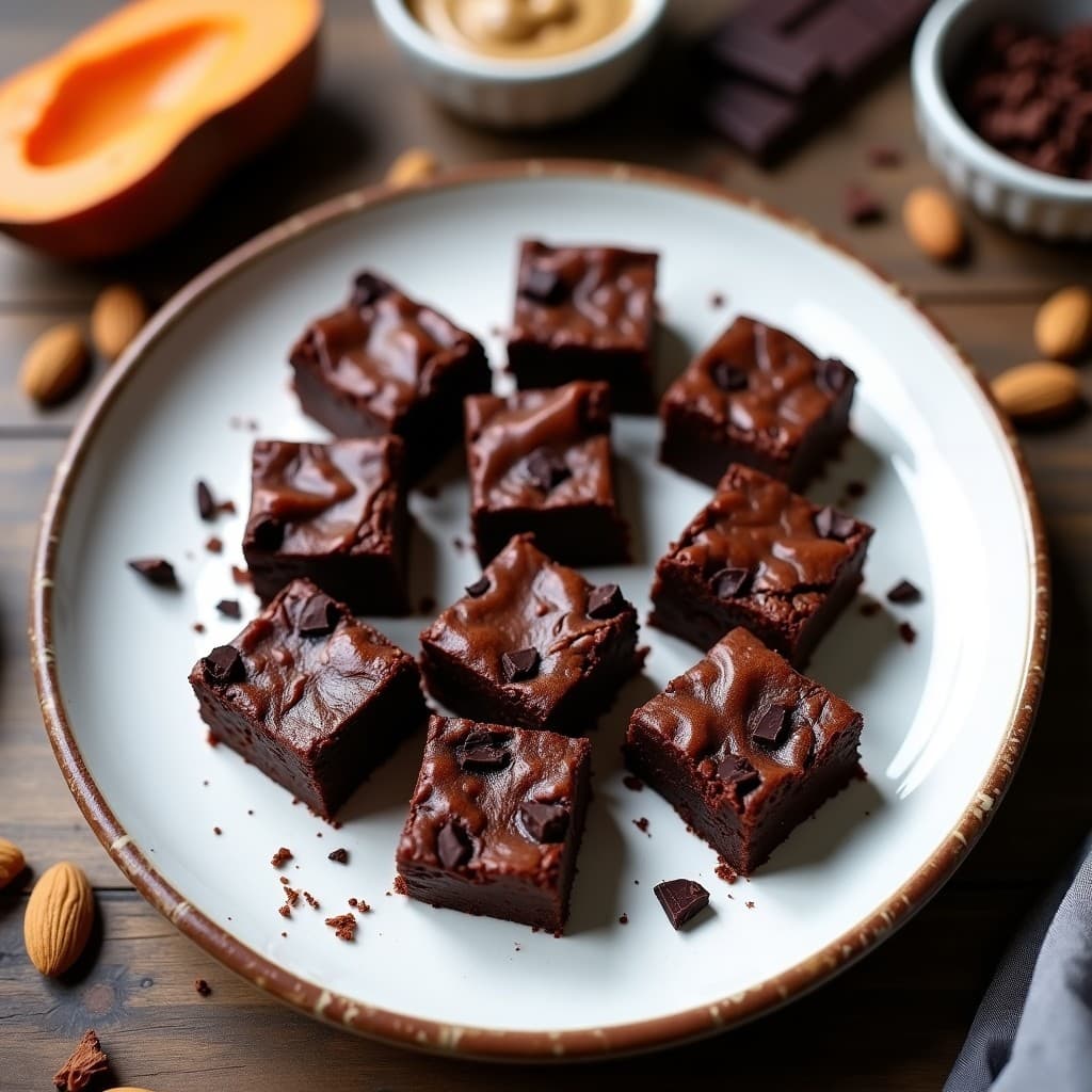 Brownies de batata y tahini con trozos de chocolate 85% cortados en cuadrados, textura húmeda y brillante, servidos en plato de madera con virutas de chocolate encima.