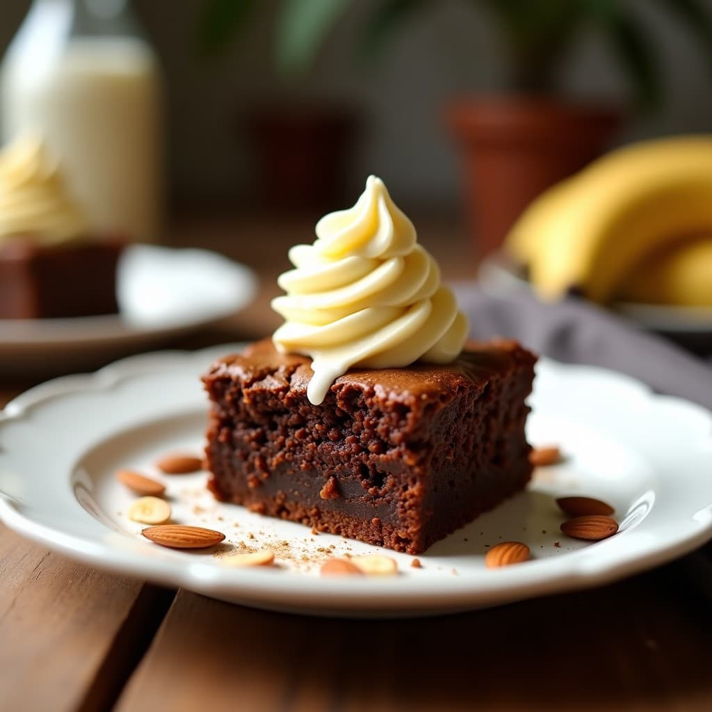 Brownies de boniato y almendra con helado de plátano: postre sin harina y sin lácteos servido en plato blanco, con textura esponjosa, crujiente de almendra y bola de helado cremoso encima.
