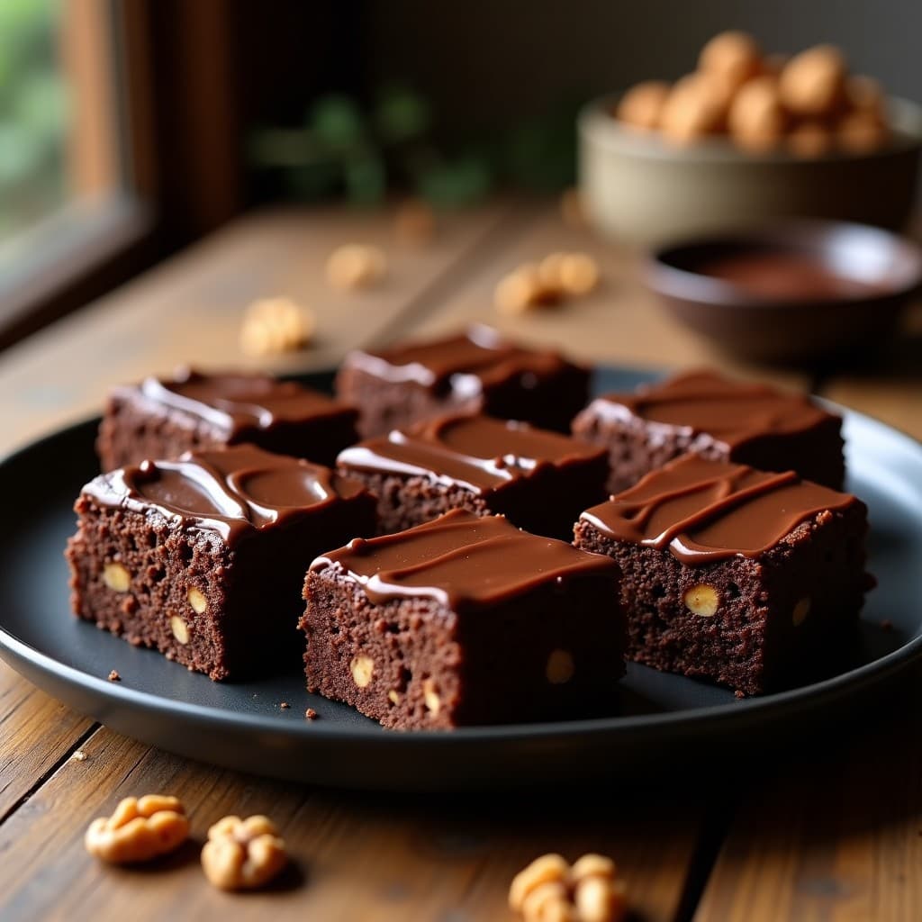 Brownies de garbanzo y chocolate con nueces veganos, cortados en cuadrados, con textura húmeda y trocitos de nuez visibles, servidos en un plato rústico de cerámica oscura con virutas de chocolate negro por encima.