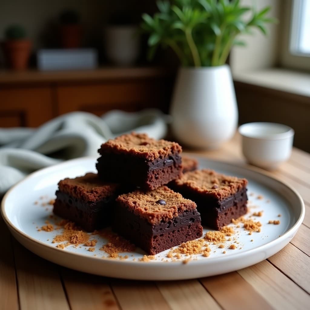 Brownies veganos de garbanzos y chocolate negro cortados en cuadrados, con textura húmeda y trozos de nueces visibles, servidos en un plato de cerámica blanca sobre fondo de madera rústica.
