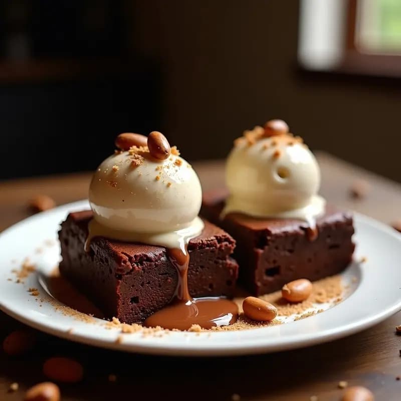 Brownie de Nutella cortado en porciones cuadradas con trozos de Kit Kat asomando, servido en plato blanco con bola de helado de avellana derritiéndose encima y avellanas picadas alrededor. Postre para morir de felicidad.