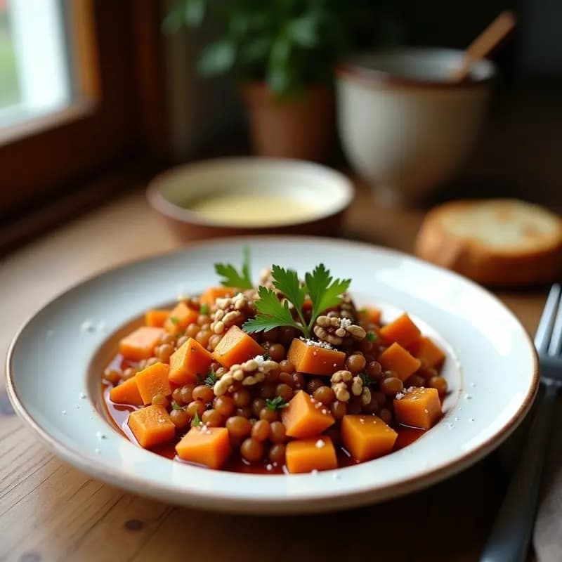 Plato hondo de barro con browning de lentejas y batata vegano, desayuno británico alto en hierro. Lentejas doradas con cubos de batata naranja, tomates cherry, espinacas y semillas de girasol tostadas. Decorado con perejil fresco y un toque de pimentón.