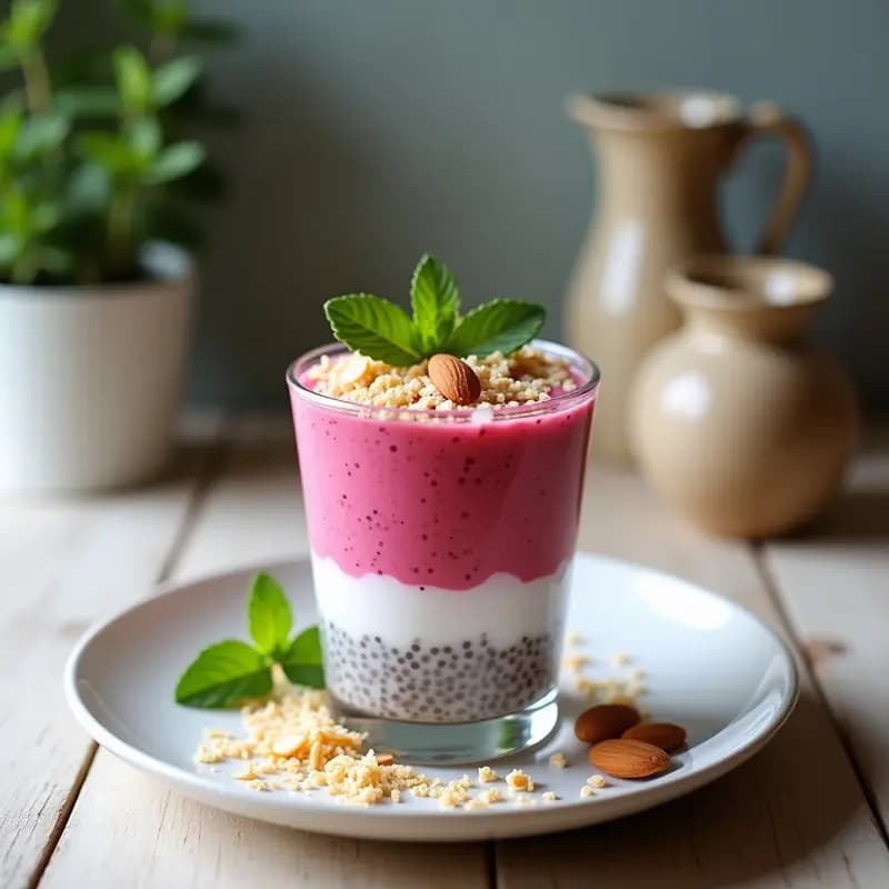 Vaso transparente con brunches de chía y acerola en capas, decorado con coco rallado y semillas de girasol, desayuno brasileño vegano y sin gluten.