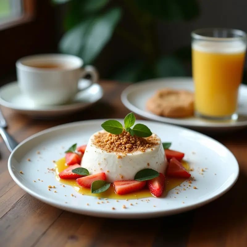 Dos cuencos de porcelana blanca con brunches de chía y leche de coco, decorados con rodajas de kiwi, semillas de granada, copos de coco rallado y semillas de girasol tostadas. Fondo de madera clara con hojas de menta y un tarro de miel de agave al lado. Desayuno australiano vegano y sin lácteos.