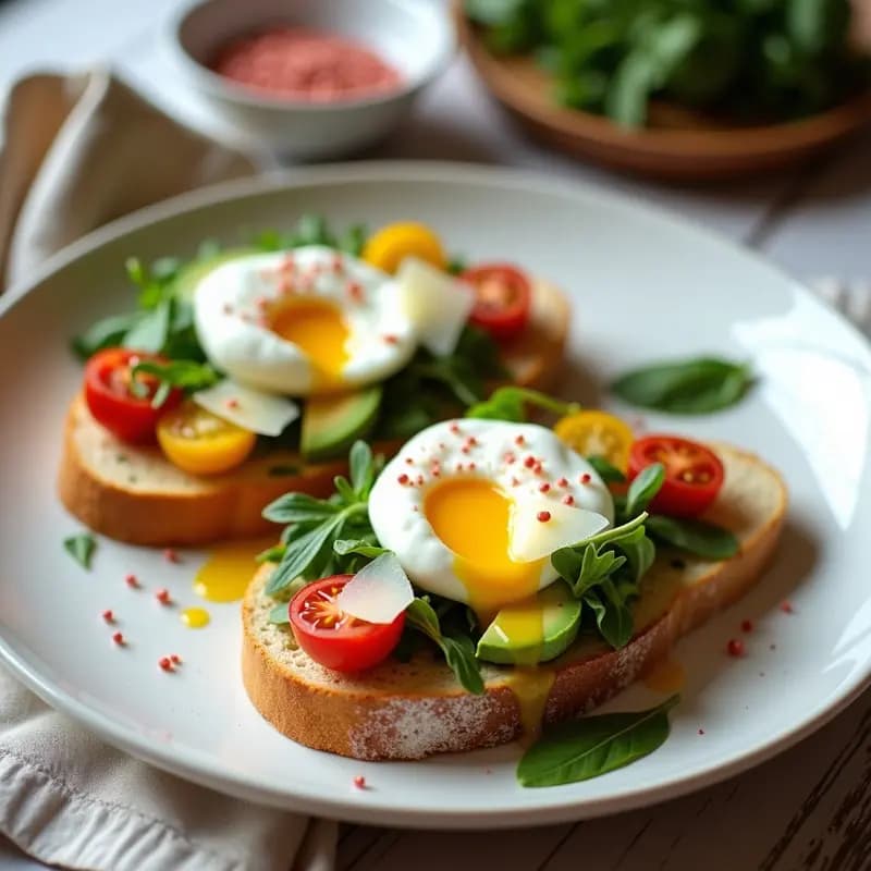 Brunchetta italiana moderna con rebanadas de pan ciabatta tostado, aguacate en láminas, huevos poché de yema líquida, tomates cherry, rúcula, queso parmesano en láminas y pimienta rosa, servida en plato blanco rústico.