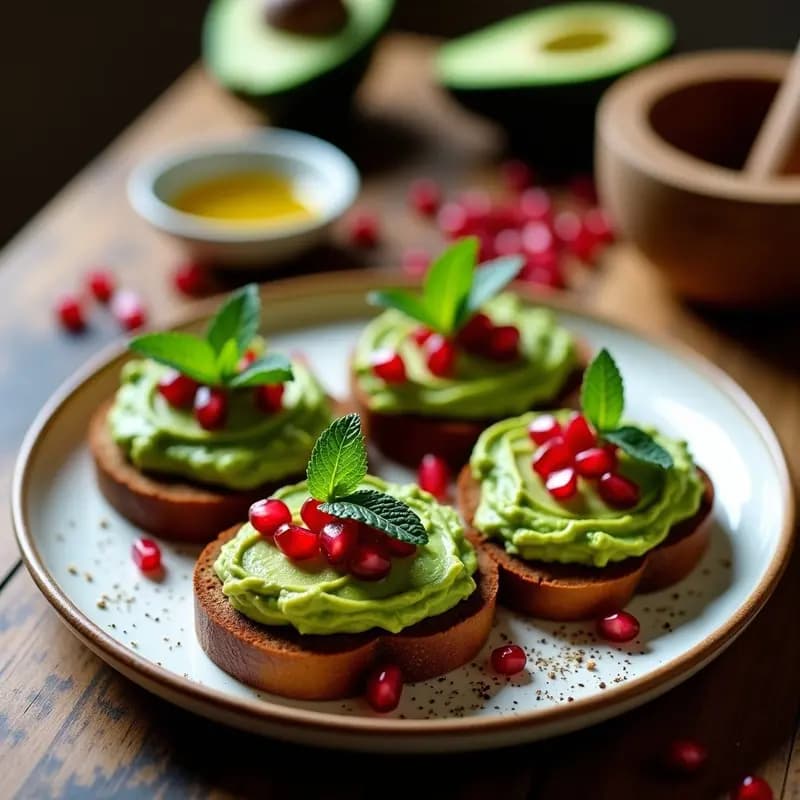 Bruschetta iraní vegana con pan de centeno tostado, crema de aguacate verde esmeralda, semillas de granada rojas vibrantes, pistachos picados y hierbabuena fresca. Plato rústico de madera con fondo difuminado.