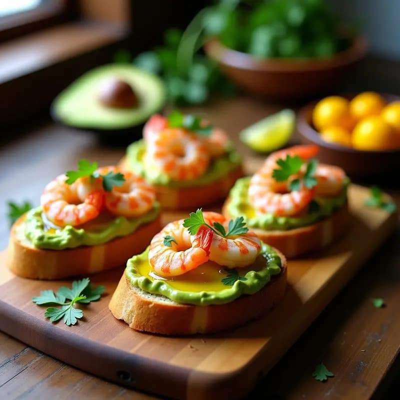 Bruschettas de pan ciabatta tostado con crema verde de aguacate y ají amarillo, coronadas por langostinos rosados al ajillo, cilantro fresco y un hilo de aceite de oliva, sobre tabla de madera rústica.