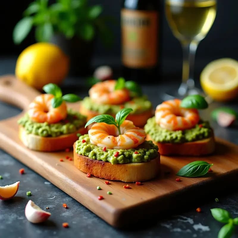 Bruschetta keto con rodajas de berenjena horneadas como base, cubiertas de cremoso aguacate machacado con cilantro y chile, coronadas con langostinos salteados al ajo y rejitas de limón. Aperitivo italiano alto en proteínas y bajo en carbohidratos.