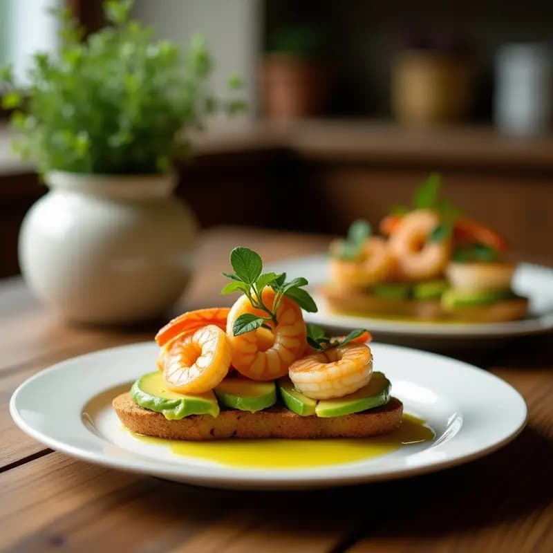Bruschetta de aguacate y langostinos con vinagreta de limón y azafrán sobre pan tostado, decorada con cebollino y hebras de azafrán, servida en bandeja de madera rústica.