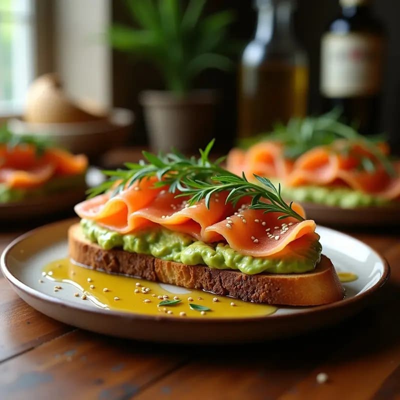 Bruschetta de aguacate y salmón ahumado con eneldo sobre pan ciabatta tostado, decorada con semillas de sésamo y rúcula, aperitivo italiano elegante alto en omega-3.