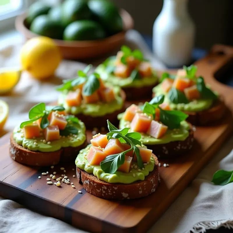 Bruschetta de aguacate y ventresca con pan de centeno sin gluten, aperitivo italiano gourmet con tomates cherry, semillas de sésamo y cebollino fresco sobre fondo rústico de madera.
