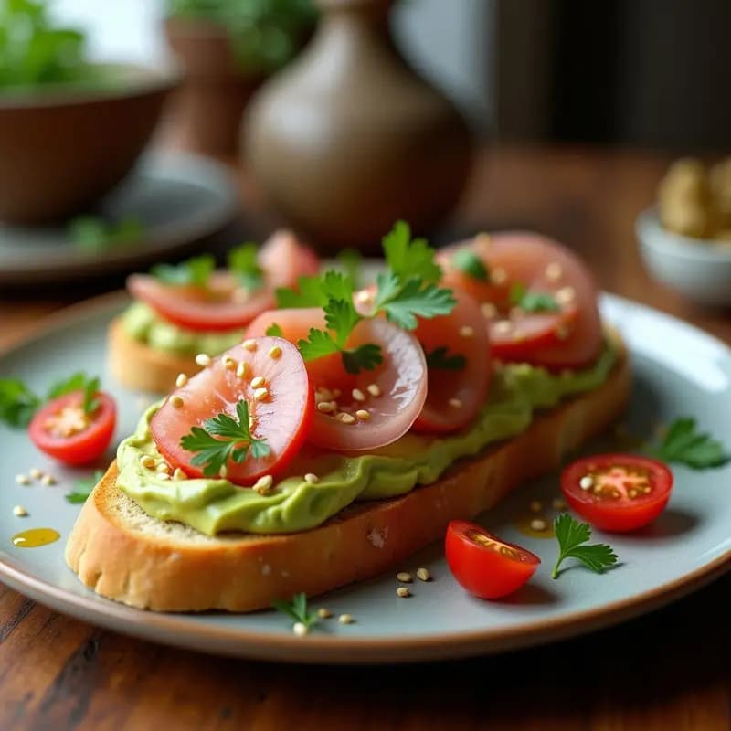 Bruschetta de aguacate y ventresca sobre pan ciabatta tostado, decorada con jitomate rojo, cebolla morada, albahaca fresca y un toque de aceite de oliva, fusionando sabores italianos y mexicanos en un plato elegante y colorido.