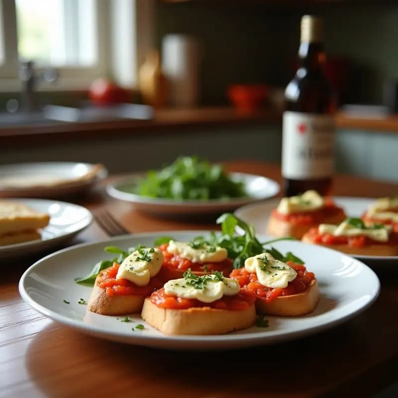 Bruschetta de Bourguiñón y queso de cabra sobre pan rústico tostado, con reducción de vino tinto, tomates cherry, nueces picadas y miel de lavanda, entrante francés elegante.