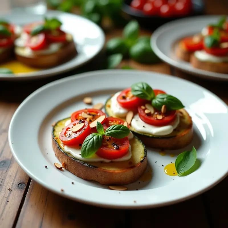 Bruschetta keto de calabacín asado con queso de burata cremoso, tomates cherry glaseados con vinagre balsámico, albahaca fresca y almendras fileteadas sobre fondo rústico de madera.