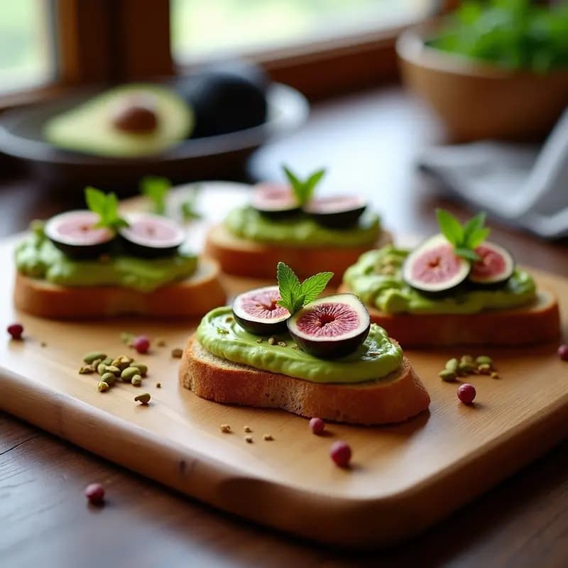Bruschetta de pan de centeno tostado con crema de aguacate verde, higos frescos en láminas, almendras fileteadas tostadas y hojas de menta, bañada con hilo de vinagre balsámico y aceite de oliva, aperitivo italiano vegano sobre tabla de madera rústica.