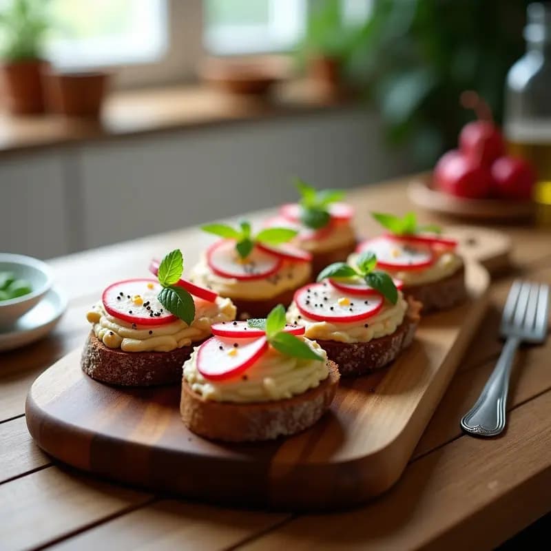 Bruschetta crudivegana de pan de centeno tostado con hummus cremoso de garbanzos germinados, rábanos rojos encurtidos en rodajas y hojas de menta fresca, servida en tabla de madera rústica con aceite de oliva virgen extra.