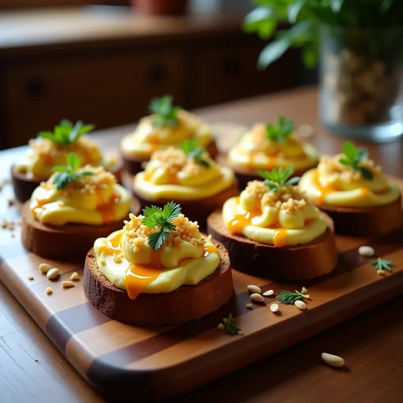 Bruschetta de pan de centeno tostado con paté cremoso de alcachofa y azafrán, decorada con almendras fileteadas, rúcula fresca y semillas de granada. Plato gourmet italiano con colores vibrantes y textura crujiente.