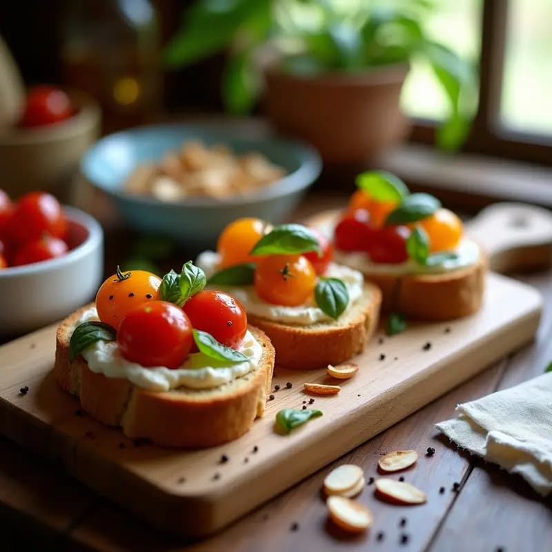 Bruschetta de pan de centeno sin gluten tostado con tomates cherry confitados brillantes, queso ricotta cremoso, almendras fileteadas y hojas de albahaca fresca, servida en tabla de madera rústica.