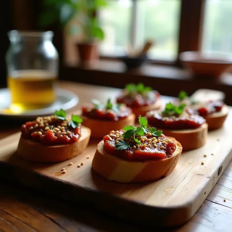 Bruschettas de pan de centeno tostado con una generosa capa de zacuscă rumana, crema de berenjena asada, tomate y cebolla, decoradas con perejil fresco y un hilo de aceite de oliva sobre un fondo rústico de madera.