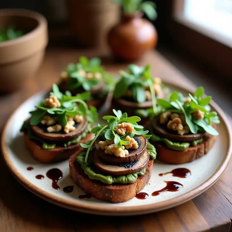 Bruschetta de champiñones portobello y rúcula sobre pan de garbanzo tostado, con láminas doradas de portobello, tomates cherry y semillas de sésamo, aperitivo italiano vegano y sin gluten.