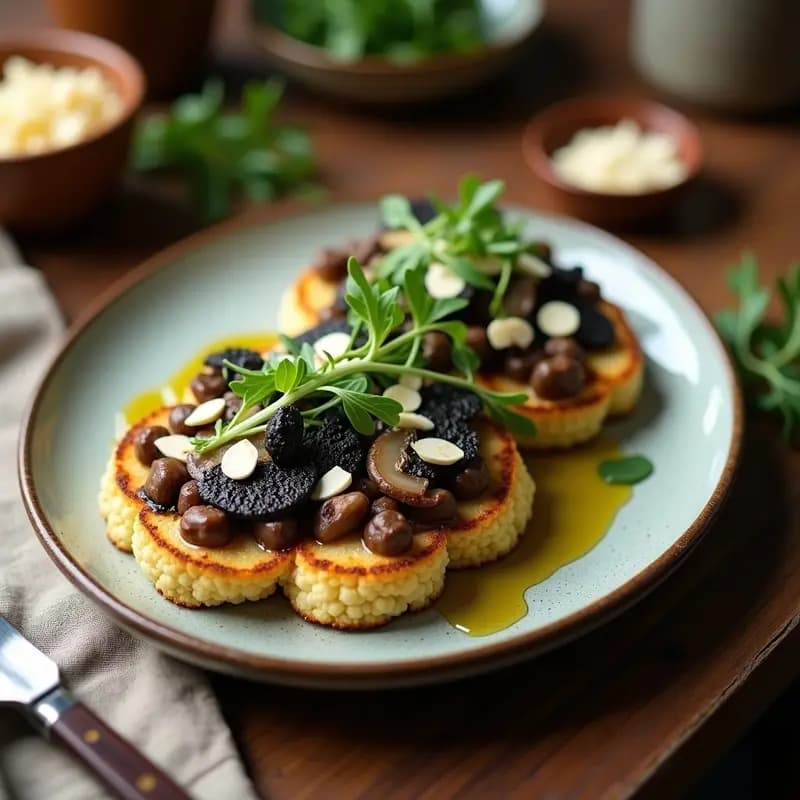 Bruschetta gourmet italiana con rodajas de coliflor asada como base, cubiertas de champiñones Portobello salteados con ajo y romero, láminas de trufa negra, queso pecorino rallado, almendras tostadas y rúcula baby, servida en tupper de cristal.