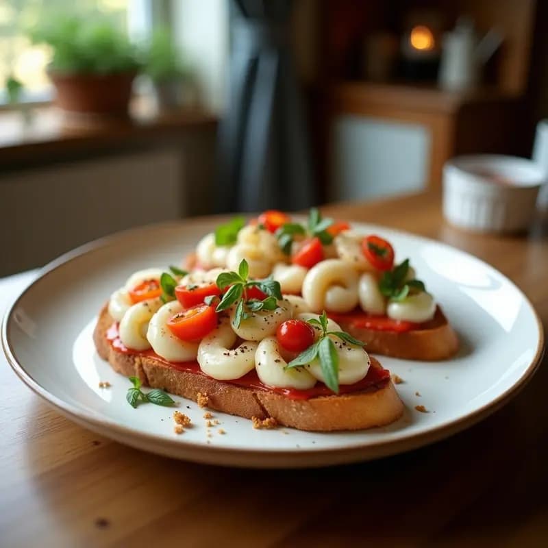 Bruschetta de espárragos blancos y anchoas sobre pan rústico tostado, con ricotta cremosa, perejil fresco y aceite de oliva virgen extra, servida en plato de madera rústico.