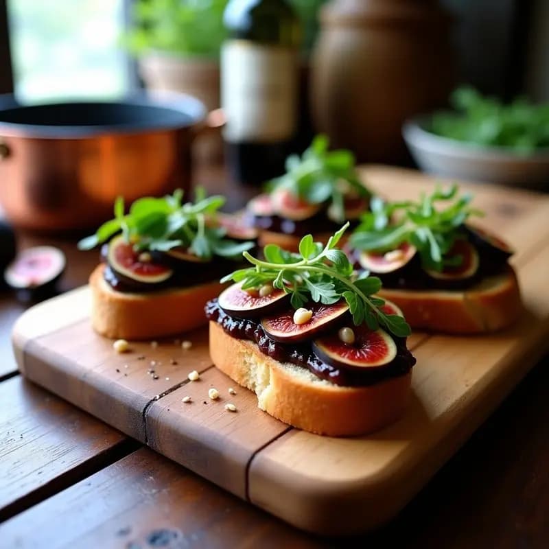 Bruschetta de hígado de pato y compota de higos sobre pan baguette tostado, decorada con nueces picadas y queso azul suave, con un hilo de aceite de oliva virgen extra y pimienta negra molida, servida en una tabla de madera rústica con fondo borroso.