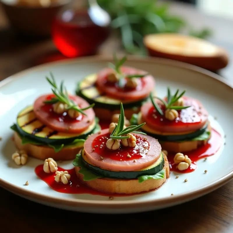 Bruschetta gourmet sin pan de hígado de pollo y gelée de arándanos, servida sobre hojas de endibia y rodajas de calabacín asado, con nueces picadas y romero fresco. Plato elegante y bajo en carbohidratos.