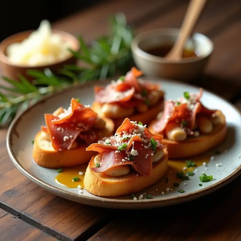 Bruschetta de hígado de pollo y pancetta sobre pan tostado, con queso parmesano rallado y vinagreta de ajo y romero, entrante italiano crujiente y gourmet.