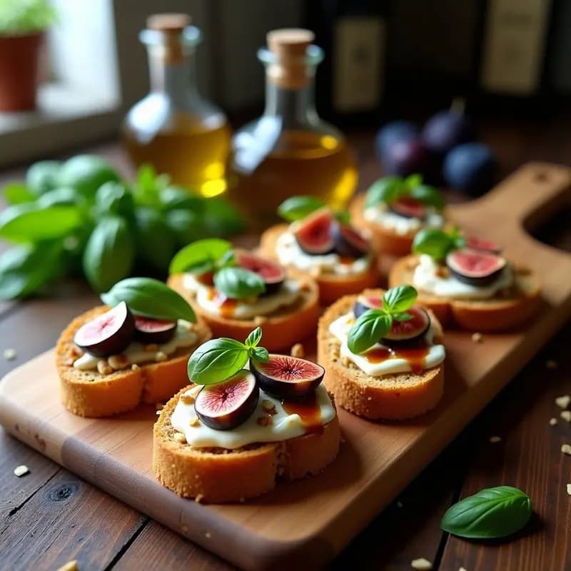 Bruschetta de higuera y ricotta de almendras vegana y sin gluten, con pan tostado crujiente, láminas de higo fresco, crema de almendras blanca, nueces picadas y hojas de menta sobre fondo rústico de madera.