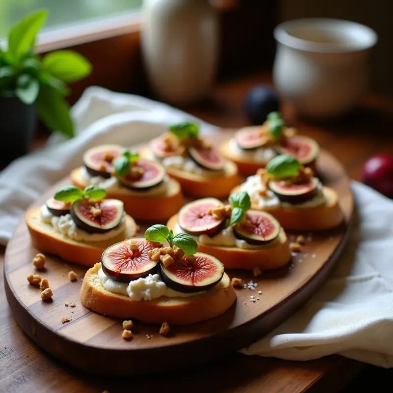 Bruschetta de higuera y ricotta con reduction de miel sobre pan ciabatta tostado, decorada con nueces picadas, albahaca fresca y un hilo de aceite de oliva, servida en tabla de madera rústica.