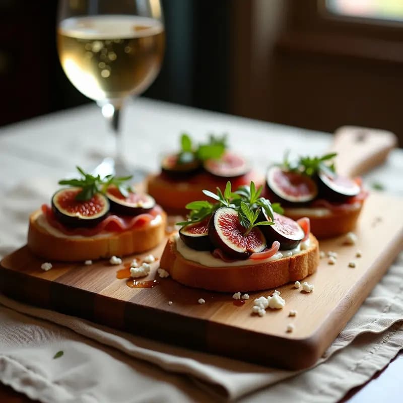 Bruschetta italiana gourmet con rebanadas de pan tostado dorado, láminas de prosciutto di Parma, higos frescos abiertos en cuartos, miel de trufa negra goteando, nueces picadas y hojas de albahaca, servida en bandeja de madera rústica.