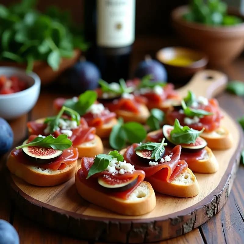 Bruschetta de higos y prosciutto con vinagreta de reducción de vino tinto: tostadas de pan toscano doradas con ajo, cubiertas de prosciutto di Parma, higos maduros abiertos con queso pecorino, nueces picadas, albahaca fresca y un hilo brillante de reducción de vino tinto. Presentación elegante en plato de madera rústica.