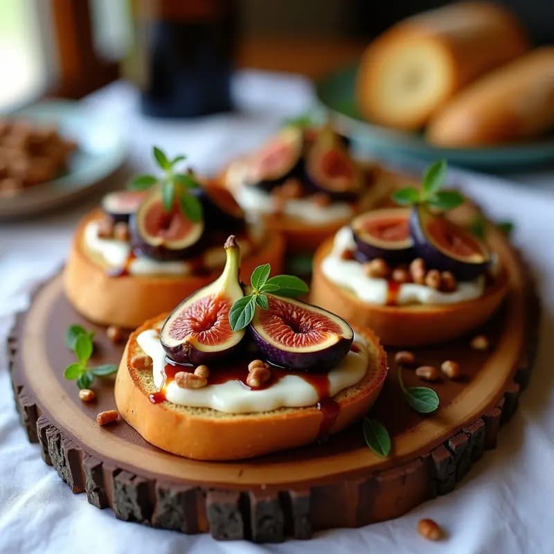 Bruschetta gourmet italiana con pan ciabatta tostado, queso brie derretido, higos frescos en cuartos, nueces pecanas tostadas, rúcula baby y reduction de vinagre balsámico brillante, servida en bandeja de madera rústica.