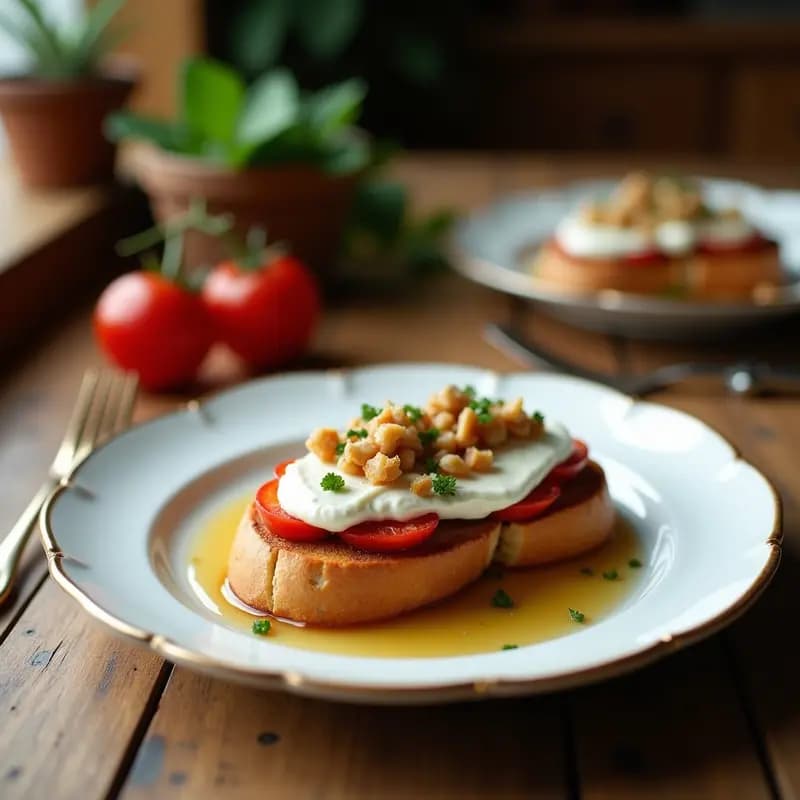 Bruschetta de higos y ricotta con miel y nuez sobre tabla de madera rústica. Pan ciabatta tostado con crema de ricotta, higos frescos en láminas, nueces picadas, hilos de miel dorada y hojas de romero. Presentación elegante y aperitivo italiano dulce-salado.