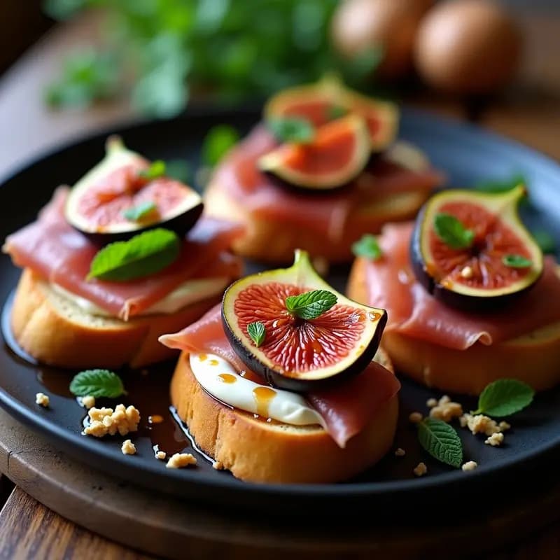 Bruschetta italiana sobre pan de centeno tostado con higos frescos abiertos rellenos de prosciutto di Parma, rúcula baby, virutas de Pecorino Romano y vinagreta de balsámico brillante, decorada con nueces picadas y pimienta negra sobre una tabla de madera rústica.